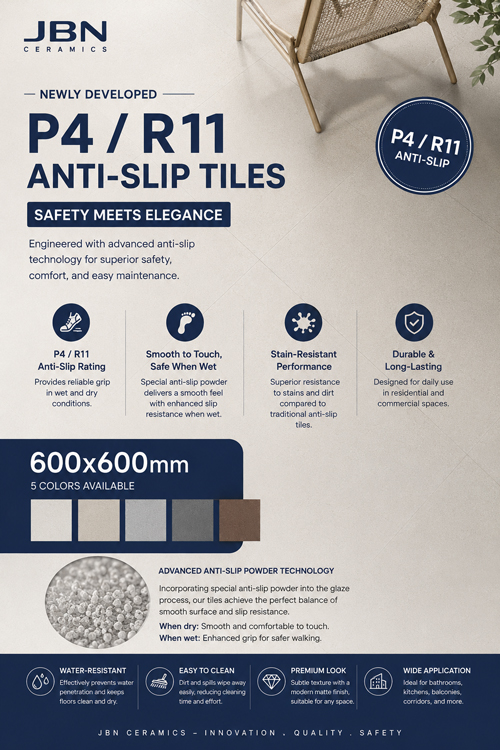JBN Ceramics lança revolucionárias telhas antiderrapantes P4/R11: a mistura perfeita de toque suave e segurança